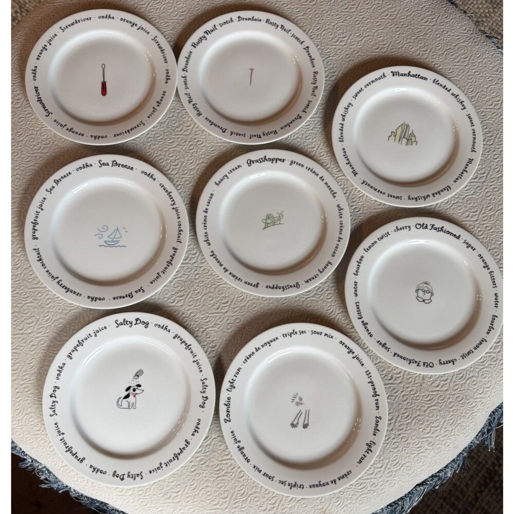 Pottery Barn Bar Lingo Appetizer Plates Set Of 8 Cocktails Mixed Drink Recipe 8”